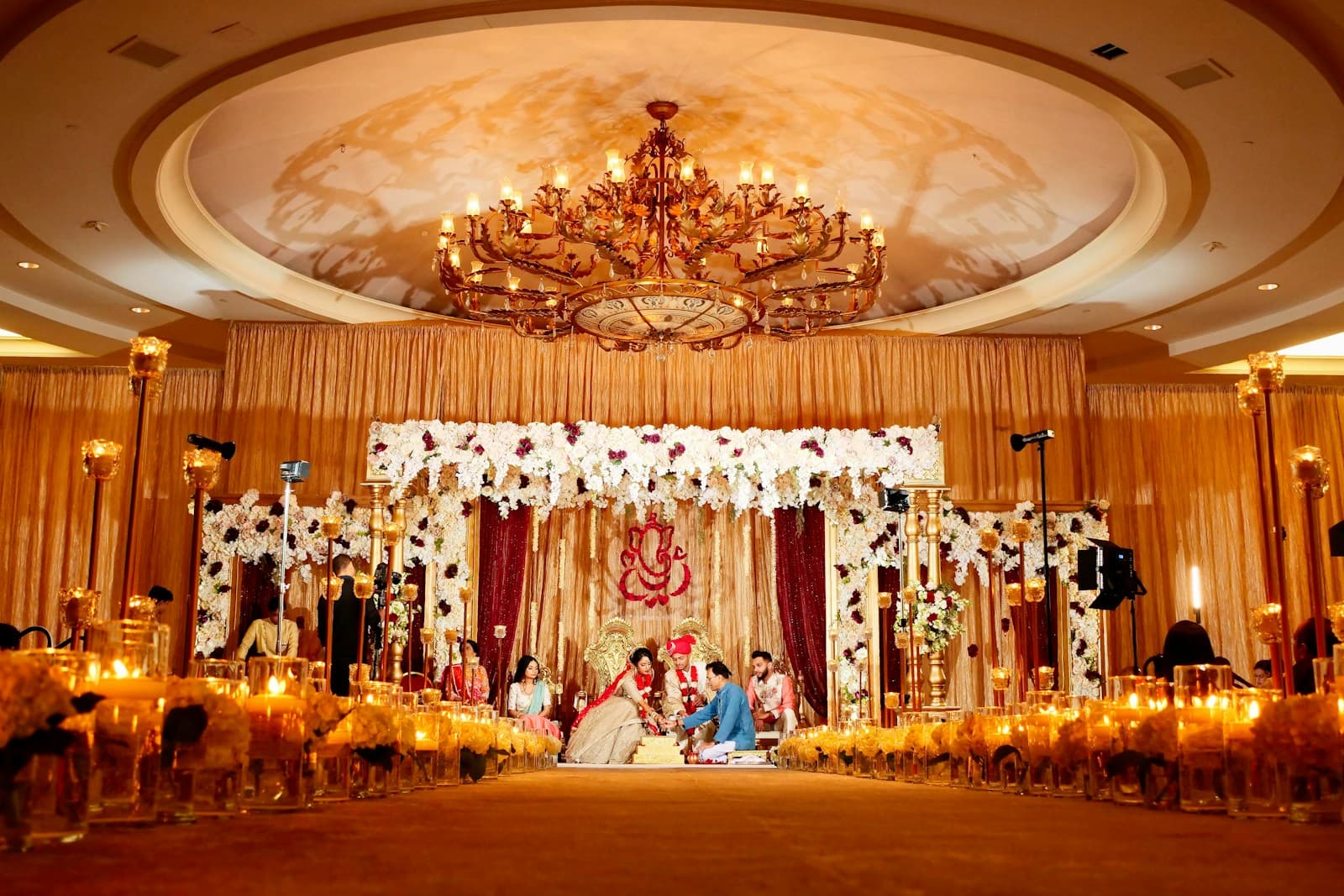 Indian wedding venue with a decorated mandap
